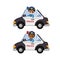 Cute boys in police officer uniforms drive police cars, clip art.