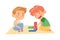 Cute Boys Sitting on the Floor and Playing Construction Toy in Kindergarden Vector Illustration