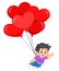 Cute and brave boys flew with lots of red valentine heart balloons