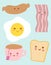 Cute breakfast icons. Funny toast bread, tea, egg