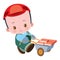 Cute bricklayer, worker carrying a cart full of bricks, flat, isolated object on white background, vector illustration