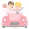 Cute bride and groom driving to honeymoon