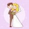Cute bride and groom on a purple background tender
