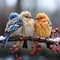 cute bright birds on a branch with a red berry in the winter