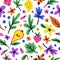 Cute bright botanical summer seamless pattern with flowers, fruits, butterfly, different leafs.