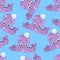 Cute bright cartoon purple octopus in small sea hat seamless pattern template.