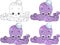 Cute bright cartoon purple octopus in small sea hat sketch template set.