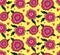 Cute bright childish seamless pattern vector floral background with pink fantasy rose, peony flower on yellow backdrop. Design for