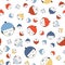 Cute bright emoticons in flat style. Fun fashion seamless background. Textured printing, Wallpaper, home decor, fashion fabrics,