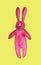 Cute bright pink bunny and spots. Funny cartoon watercolor rabbit with heart