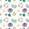 Cute bright seamless summer pattern with items for the sea and vacation. Print with hat, palm leaf, shells and flip