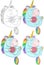Cute bright sleeping rainbow unicorn creature with donut template set. Colorful cartoon vector illustration in color and black and