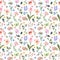 Cute and bright watercolor flowers seamless pattern on white background. Spring wildflowers and leaf botanical print.