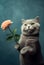 Cute British Short Hair Cat holds a rose. Birthday card. Generative AI