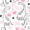 Cute brontosaurus and doodles seamless pattern