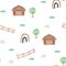 Cute brown barn, green trees, fence, rainbow farm cartoon seamless pattern on white background. Vector illustration for kids in