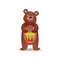 Cute brown bear with colorful drums and wood sticks