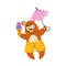 Cute Brown Bear Tourist with Ice Cream and Parasol Having Summer Resort Vacation Vector Illustration