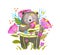 Cute brown bear wearing clothes smelling flower flat vector illustration
