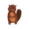 Cute brown beaver standing on white. Cartoon forest rodent with big teeth, shaped tail, little ears and shiny