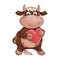 A cute brown boy bull holding a red heart.