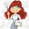 Cute brown curly hair girl with a electronic tablet idea inspiration on a doodle background
