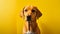 Cute brown dog labrador retriever facing the camera yellow background closeup