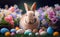 A cute brown easter bunny among painted multicolor eggs and flowers in a garden copy space generative AI