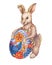Cute brown Easter bunny rabbit cartoon character with Easter colored egg.