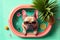 Cute brown French bulldog sitting in a oval pool, with tropical fruits and flowers