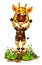 Cute Brown Giraffe in Brown Uniform With Wood Tree, Flower, And Rocks Cartoon