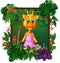 Cute Brown Giraffe Wearing Pink Dress With Tropical Plant and Flower In Square Wood Frame Cartoon