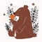 Cute brown grizzly bear on a beige background. Teddy sits and eats honey from the hive, bees are flying around. Organic Honey Prod