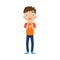 The cute brown-haired boy standing in blue pants with a scared face. Vector illustration in flat cartoon style.