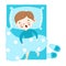 The cute brown-haired little boy lovely sleeping under the duvet in blue bed top view. Vector illustration in flat