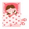 The cute brown-haired little girl in the sleep mask lovely sleeping in pink bed top view. Vector illustration in flat