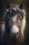 Cute brown horse with white mane, in a floral wreath on his head, on a dark background