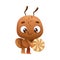 Cute brown little ant with lollipop. Funny insect cartoon character vector illustration