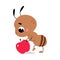 Cute Brown Little Ant Push Red Apple Vector Illustration