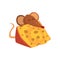 Cute brown mouse eating big piece of cheese, funny rodent character cartoon vector Illustration on a white background