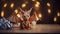 Cute Brown Origami Dragon on Table, Made of Paper, Christmas Lights with Bokeh on