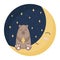 Cute brown sleeping bear. Night blue sky with stars and moon. Vector illustration for the nursery. Image for poster