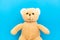 Cute brown teddy bear child toy with visible upper body and open arms isolated in a seamless pastel baby blue coulor