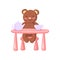 Cute brown teddy bear drinking tea at toy table, tea party cartoon vector Illustration