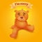Cute brown teddy bear sitting on yellow background. I\'m sorry concept card