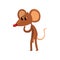 Cute brown thoughtful mouse standing on two legs, funny rodent character cartoon vector Illustration on a white