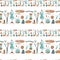 Cute brown, turquoise mannequin, scissors border on a white background. Textural seamless square pattern. Print for fabrics, cards