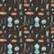 Cute brown, turquoise mannequin, scissors, buttons on a brown background. Textural seamless square pattern. Print for fabrics, car