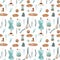 Cute brown, turquoise mannequin, scissors, buttons on a white background. Textural seamless square pattern. Print for fabrics, car