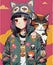 Cute brunette anime teen school girl with cat on pink background modern fantasy character, generative ai